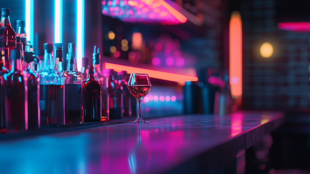 Elegant Glass of Wine on The Counter of A Vibrant Bar, Highlighted by Neon Lights, Showcasing the Atmosphere of The Best Bars in Brooklyn