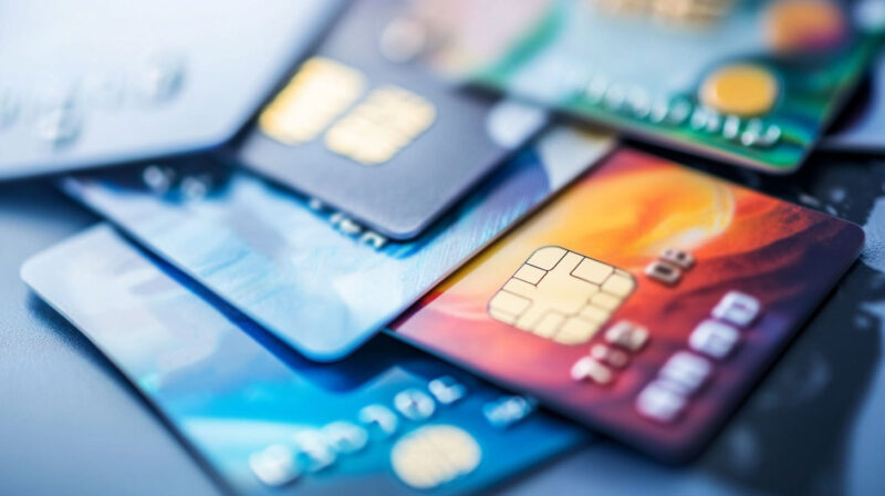 Close-up of various credit cards, each with a chip, stacked on top of one another