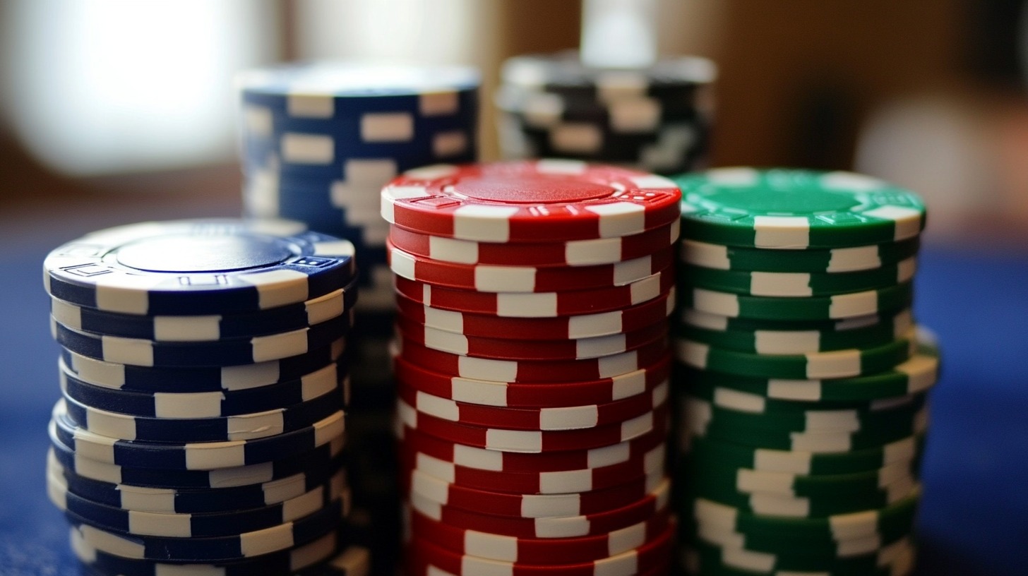 stacked casino chips in blue, red, and green, used in gambling games