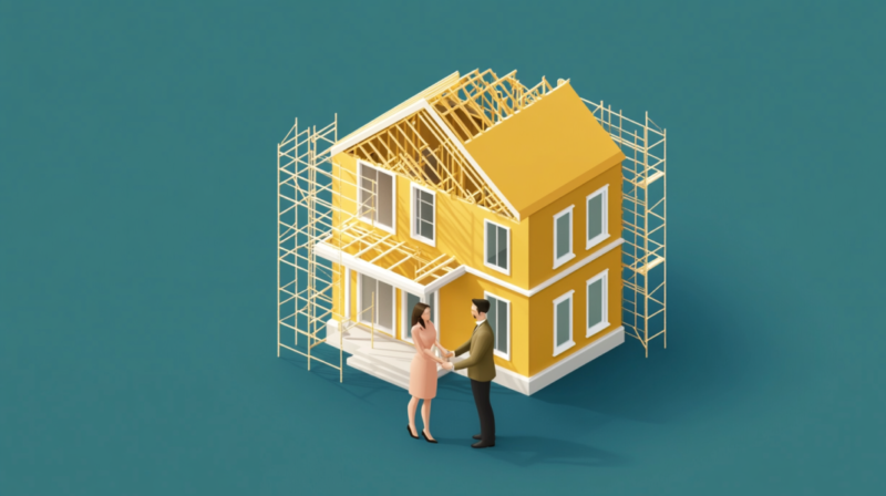 An Illustration of A Couple Shaking Hands in Front of A House Under Construction, Symbolizing Rental Scams in NYC