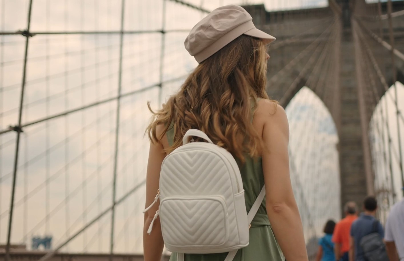 Girls wearing backpack while visiting New York