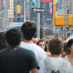 Busy street scene in Times Square, NYC