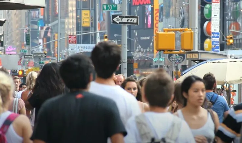 Busy street scene in Times Square, NYC