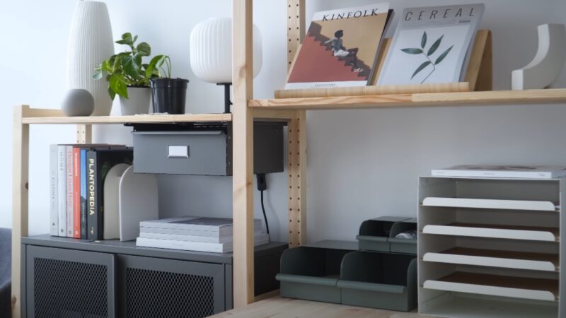 Organized wooden shelves with various items