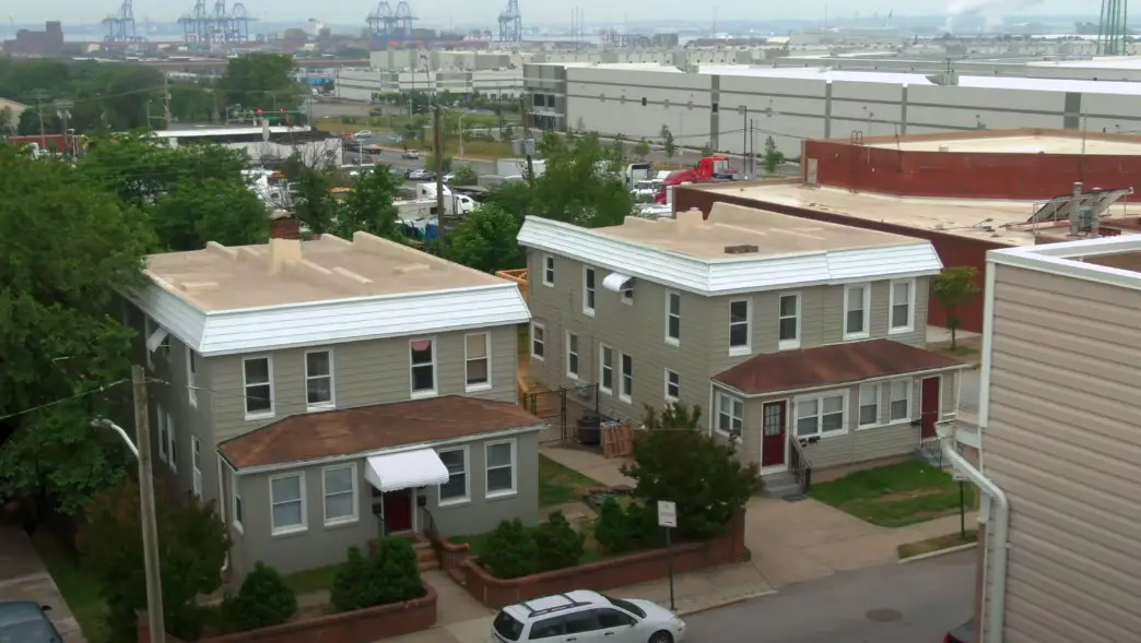 Gray-toned row houses in Baltimore, aerial view