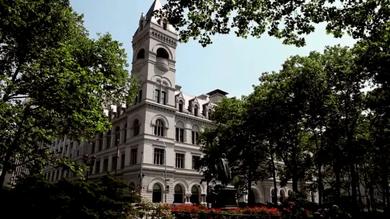 Exterior View of Brooklyn Law School Building Surrounded by Greenery