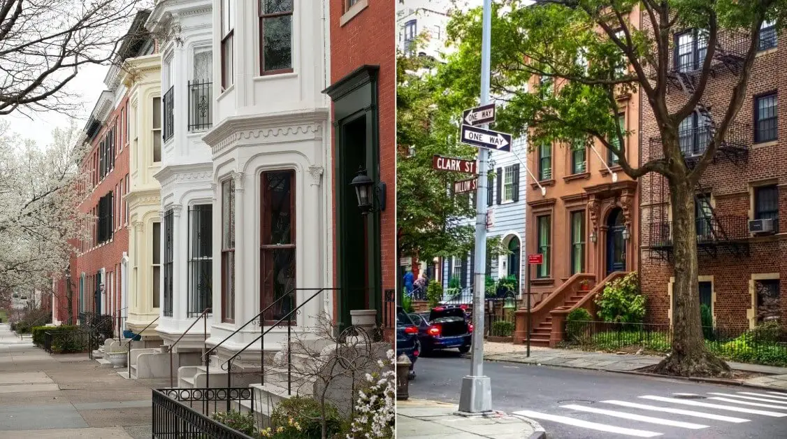 Split photo showing street scenes in Baltimore and Brooklyn neighborhoods