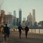 A tranquil scene of people walking along a riverside path in Brooklyn, NYC