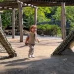 A young child explores a natural playground