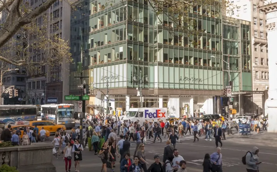 A bustling New York City street scene, showcasing the vibrant energy of the city