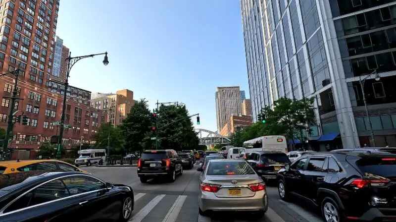 a view of a city street, showcasing the relentless flow of vehicles and the towering structures