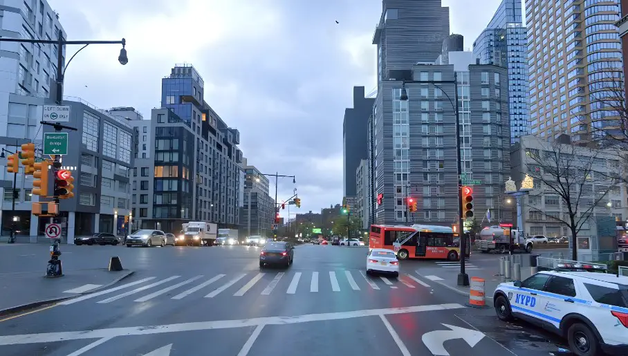 Urban intersection, bustling with traffic and cityscapes