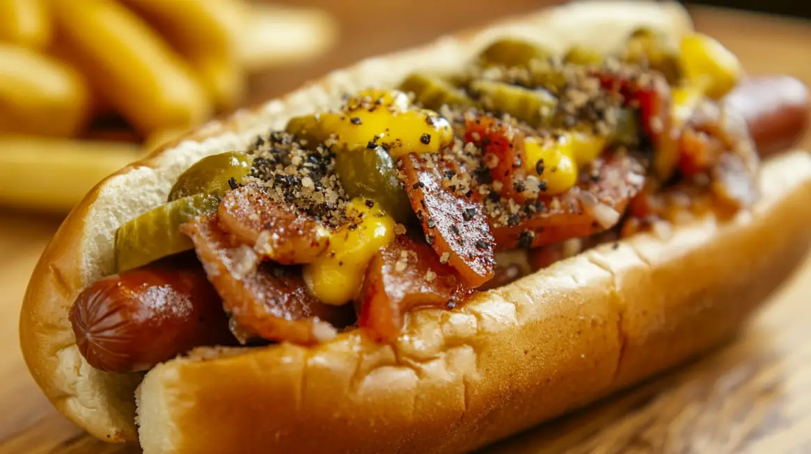 Close-up of a Chicago dog topped with bacon, pickles, mustard, and black pepper in a bun