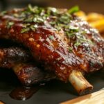 Close-up of glazed barbecue ribs garnished with herbs, served alongside French fries on a wooden tray