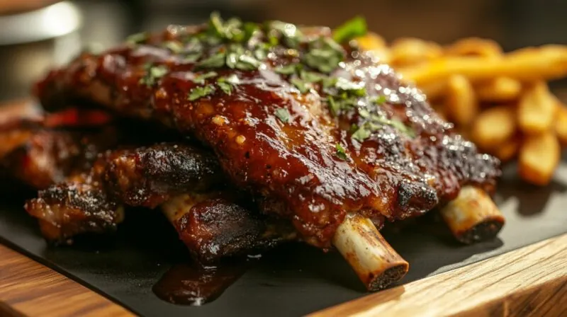 Close-up of glazed barbecue ribs garnished with herbs, served alongside French fries on a wooden tray